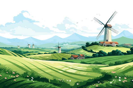 a painting of a windmill in a green landscape