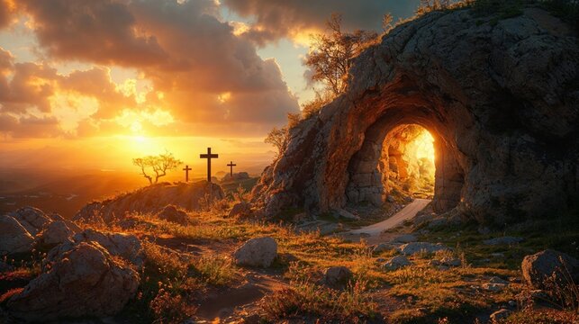 Crucifixion of Jesus Christ concept, Three crosses up on a hill at sunset, 