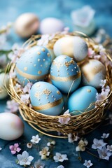 Fototapeta na wymiar easter eggs in blue basket with colorful decoration