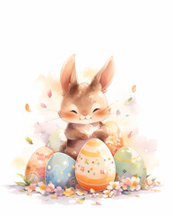 Easter greeting card with copy space. Kawaii fluffy rabbit among colorful easter eggs and flowers. Spring postcard with cute bunny for religious holiday. Watercolor style illustration. - 735271525