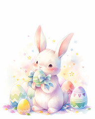 Easter greeting card with copy space. Kawaii fluffy bunny among rainbow colored easter eggs. Spring postcard with cute baby rabbit for religious holiday. Watercolor style. - 735271536