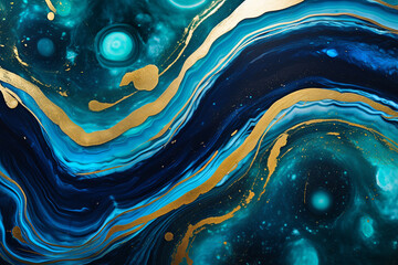 Fluid and dreamy marble texture. Full-framed deep blue and turquoise background with wavy patterns and golden spangles. Abstract backdrop with swirls. - 735271586