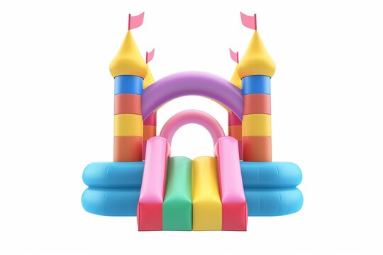 Big colorful bouncy castle, colorful inflatable bouncy castle toy isolated on white background, concept of children's playground, outdoor toy.