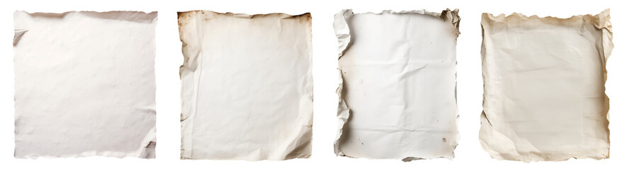 Collection set of white paper parchment, old torn burnt crumple rip edges on transparent background cutout, PNG file. Many different design. Mockup template artwork graphic - obrazy, fototapety, plakaty
