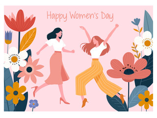 Illustration with flowers and two women. Vector card for International Women's Day and other uses.
