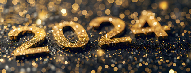 golden old year word 2024 with glitter on black background