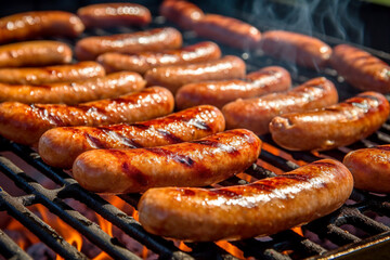 Grilled sausages are cooked on a barbecue grill