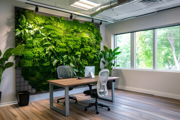the interior of a study in a modern office using a living green vertical wall, the concept of Sustainability, caring for the planet,eco-trends, climate change, increasing oxygen levels, air quality,
