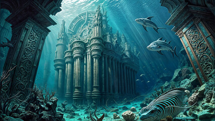 Underwater scene with a fish and an ancient temple in the ocean