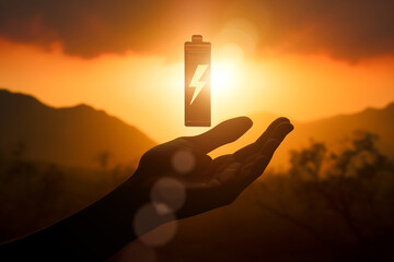 Silhouette of a hand holding a battery against a sunset background. Concept of green energy, alternative electricity source - concept of sustainable resources