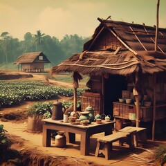 Transport yourself to simpler times through a 35mm lens: an old yet inviting hut in a calm village, surrounded by bountiful crop farms, encapsulating the warmth of nostalgia and simplicity - obrazy, fototapety, plakaty