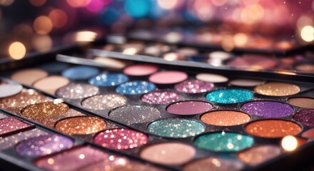 Makeup palette with glitter close-up on a blurry background