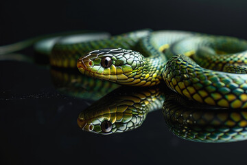 Fototapeta premium Gilded Elegance: Golden Green Snake Skin Texture Design, Luxuriously Contrasting Against a Black Background. Filigree golden green snake