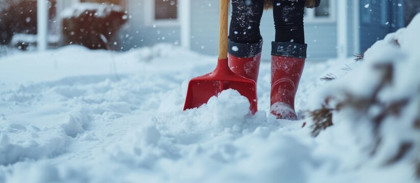 Young person wearing stylish red boots holding a bright yellow shovel in outdoors