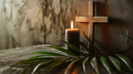 Wooden cross, candle and palm leaves - obrazy, fototapety, plakaty