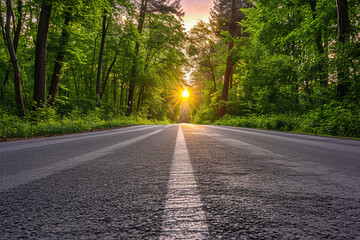 Obraz premium Black road panorama on sunny summer evening. Road from the ground level - shallow depth of field and trees bokeh.
