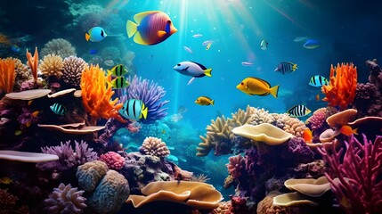 Naklejka na ściany i meble Sunshine on a coral reef and tropical fish. Aquarium in Singapore Sunshine on a coral reef and tropical fish. Aquarium in Singapore