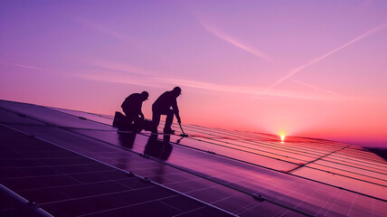 Silhouette of two technicians are checking up or cleaning solar panel , sustainable energy .
