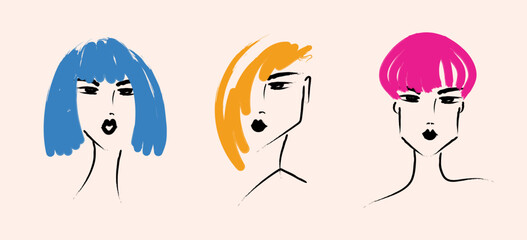 Abstract portraits of women painted with brush strokes. Vector icon of people. For postcards, tee print, wallart, poster, cover, packaging, web, social media story design, cosmetics, beauty salon.