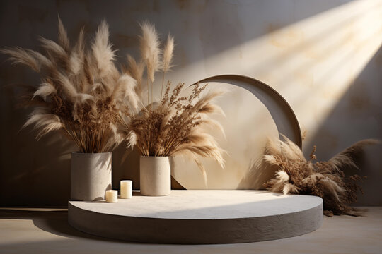 Two vases on a table, showcasing dried plants. Beige shelf podium for presentation. Modern Arch Display Platform.