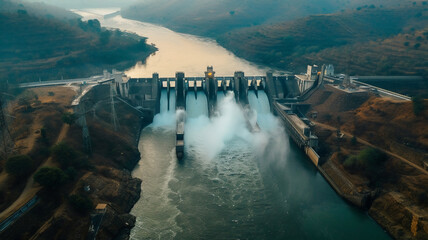 beautiful aerial view of huge dam ,Hydroelectric Power in Nature generate electricity .