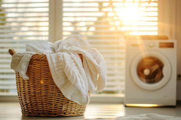 Laundry clothes stacked in a wicker basket in the bathroom to the washing machine in modern bathroom interior. - obrazy, fototapety, plakaty