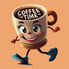 Walking coffee cup Cartoon coffee time text Mascot character Vintage eps vector illustration suitable for Coffee shop or cafe logo or print design, isolated on light background, Retro cup hot drink 