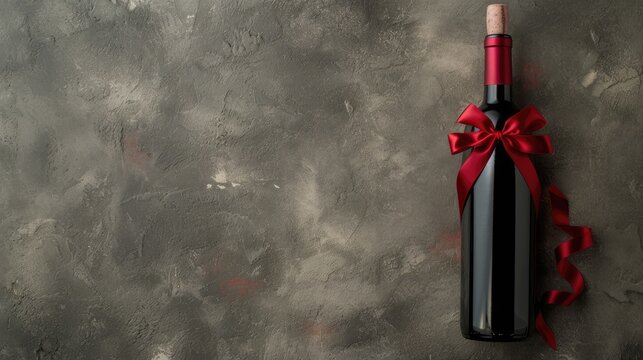 Wine bottle with a red satin ribbon bow on a concrete background, a romantic image perfect for Valentine's Day with free space for your text