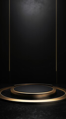 A minimalist black stage with a circular golden platform under a spotlight, giving a sense of a premium event or product showcase