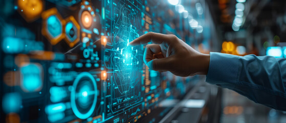 engineer checking and touching on auto design hologram in lab, Diagnostic Auto in HUD style on big screen, EV car concept ,generative ai