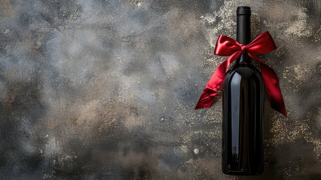Wine bottle with a red satin ribbon bow on a concrete background, a romantic image perfect for Valentine's Day with free space for your text