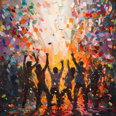 Vibrant Celebration Painted Artwork with Silhouetted People Cheering