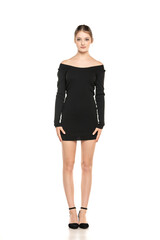 Fototapeta premium Summer Chic: Full-Length Portrait of a Young Woman Posing in a Short Dress and Sandals on White Background