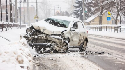 Car accident during snowstorm. A collision amidst the snowstorm leaves behind a scene of chaos and destruction, emphasizing the importance of safe driving practices.