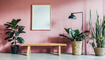 Pink living room with bench, plant and poster