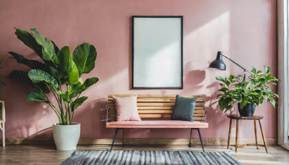 Pink living room with bench, plant and poster