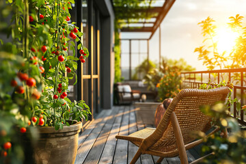 Cherry Tomato Plants on a Balcony Garden at Sunset - obrazy, fototapety, plakaty
