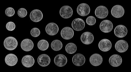 Set dollars metal, cash money, coin isolated on black, top view
