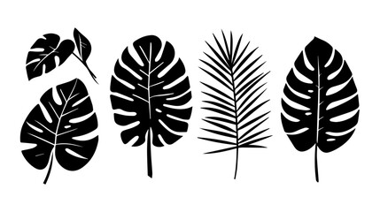 Set of black silhouettes of leaves and flowers. Vector illustration.	