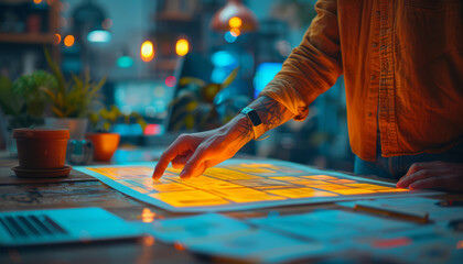 UX developer and UI designer employ augmented reality for mobile app wireframe design in modern office, enhancing creativity in digital development.generative ai