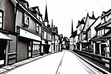 Black and white city landscape with buildings, streets and houses Black and white sketch city. City landscape. Vector sketch illustration. Black and white line drawing of an abstract cityscape.