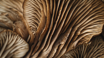 a macro shot of the underside of a mushroom, showing the detailed structure of the gills.