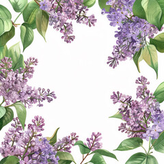 Beautiful background with a blooming lilac branch. Frame made of lilac branches. Watercolor illustration.