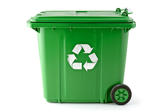 Three big green plastic containers for garbage. Three recycling bins. Row of municipal green community composting bins
