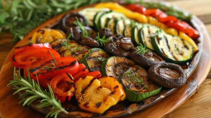 A colorful array of grilled vegetables zucchini bell peppers and portobello mushrooms are arranged on a platter showcasing the pitmasters expertise in creating a flavorful