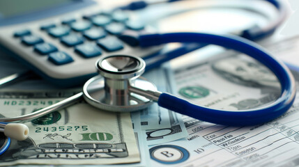 A close-up of medical expenses concept with a stethoscope, calculator, and US dollar bills on a medical billing statement, depicting the financial aspect of healthcare. - Powered by Adobe