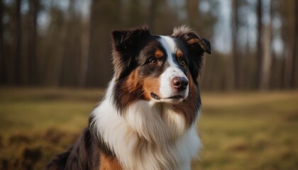 Fototapeta premium Australian Shepherd, dog at dawn, purebred dog in nature, happy dog, beautiful dog