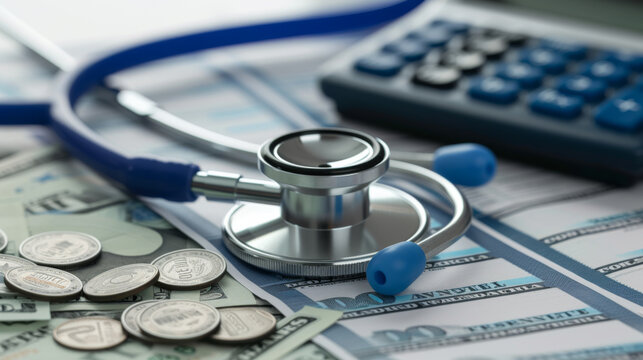 A close-up of medical expenses concept with a stethoscope, calculator, and US dollar bills on a medical billing statement, depicting the financial aspect of healthcare.