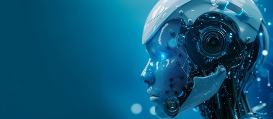 Futuristic robot head with artificial intelligence technology on a vibrant blue background