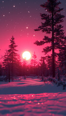 Winter sunset in a spruce forest in pink colors
